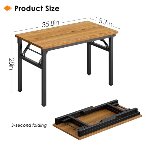Image of Need 35.8 Inch Folding Desk for Small Spaces, Home Office Computer Desk with Teak Wood Top & Black Frame, Foldable Writing Table for Study, Bedroom, Dorm Room & Student