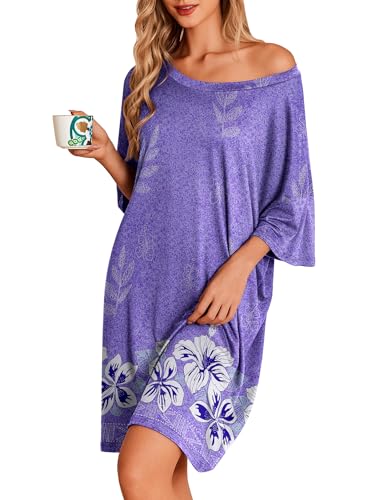 Image of Ekouaer Plus Size Nightgowns for Women Oversized Sleep Shirt Short Sleeve Nightshirt T-Shirt Dress Sleepwear S-5XL