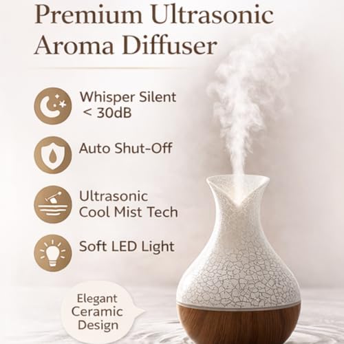 Image of Lakshiv Aroma Diffuser Humidifier for Room & Home with LED Light | Ultrasonic Cool Mist Air Humidifier for Bedroom | Essential Oil Diffuser | Wood Grain Finish Touch Operation - 30ml (Silver Crystal)