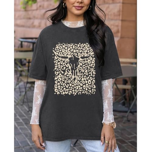 Western Cow Skull Shirts for Women Boho Cowgirl Shirt Vintage Acid Wash Tshirt Oversize Rodeo Graphic Tee Country Top4