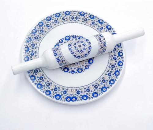 Image of Blue Floral Design MARBLE CHAKLA BELAN SET | Printed 10 Inch Enamel Marble Roti Maker with Wooden Belan | Heavy Duty Non-Slip Marble Chakla for Roti, Chapati, Paratha | Kitchen Rolling Board (1 Piece)