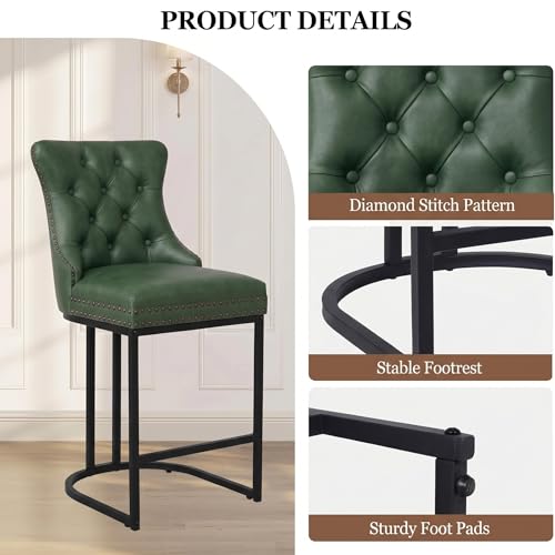 Image of UVV Counter Height Bar Stools Set of 3, 26 inch Modern Barstools with Back, Faux Leather Upholstery Counter Chairs with Metal Legs for Kitchen Island, Bar, Counter, Green