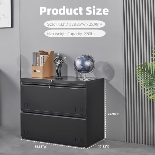 Image of Guizeeopo Metal File Cabinet with Lock, 2 Drawer Lateral File Cabinets for Home Office, Printer Stand, Heavy Duty Office Storage Cabinet for A4 /Letter /Legal Size, Assembly Required(Black)