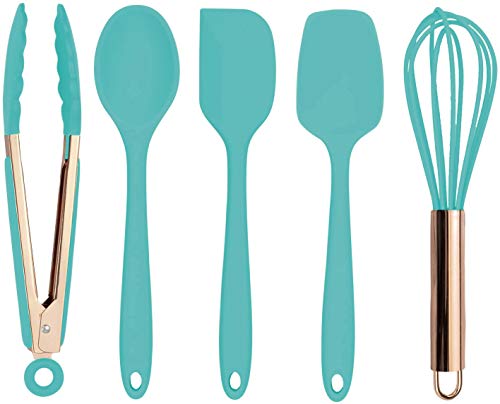Cook with Color Silicone Cooking Utensils, 5 Pc Kitchen Utensil Set, Easy to Clean Silicone Kitchen Utensils, Cooking Utensils for Nonstick Cookware, Kitchen Gadgets Set - Mint Green and Copper
