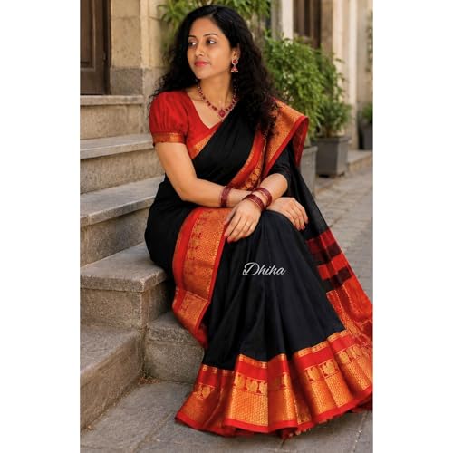 Image of Narayanpet Pure Cotton Avani Border Saree for Women with Running Blouse | Tassels | Traditional Woven Solid Design | Handloom Weave