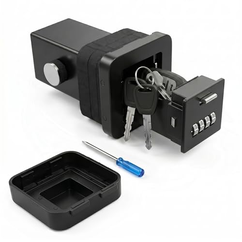 Hitch Receiver Safe Key Lock Box for 2-Inch Trailer Hitches - Heavy-Duty Metal Hidden Storage Vault with 4-Digit Combination & Weather Cover - Secure Car Fob Storage for Surfing Camping & Trucks