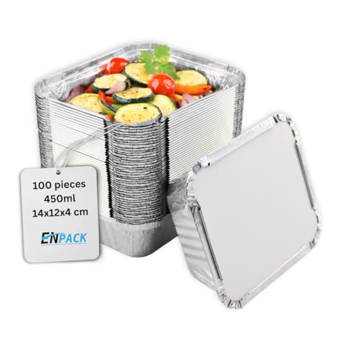 Enpack Aluschale R28L-450L - 100 Stück Aluminiumschalen mit Deckel - Aluminium Menüschale - eckige Alu Form mit 450ml - Aluschalen Take away - Grillschalen - Einwegverpackungen - Einmalbehälter
