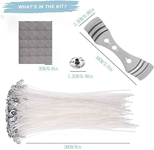 Candle Wicks|100PCS 8 inch Natural Cotton Candle Wick with 100PCS Metal Bases|100PCS Stickers for DIY Craft Candles Making Supplies Kit for Women on Mother's Day, Birthday, Festivals, Wedding, Party