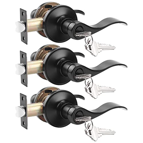 Probrico (3 Pack Entry Door Lever [Lock With 3 Keys],Locking Door Handle Set For Office Or Front Door,Black Finish Wave Entrance Door Lock With Key, Reversible Right & Left Side Handed #TOP20