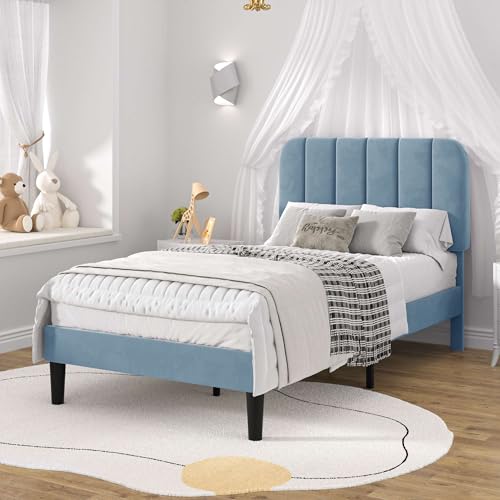 Image of VECELO Twin Size Bed Frame with Upholstered Headboard, Velvet Platform Bedframe Mattress Foundation, Strong Wood Slat Support, No Box Spring Needed,Sky Blue