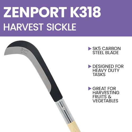 Zenport K318 Sickle, 30.5-inch (77.5cm) Length, Long Wood Handle, Curved Sickle Blade
