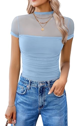 Image of Avidlove Women's Short Sleeve Bodysuit Turtle Neck Body Suits Mesh One Piece Leotard Going Out Tops Date Outfits