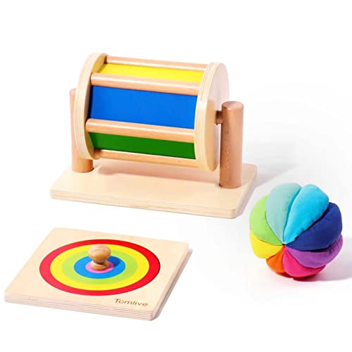Image of Tomlive 3 in 1 Play Kit, Montessori Toys for Babies 6-12 Months, Spinning Rainbow Drum, Montessori Mirror Peekaboo Knob Puzzle, Organic Cotton Rainbow Ball, Infant Tummy Time Toys, Baby Sensory Toys