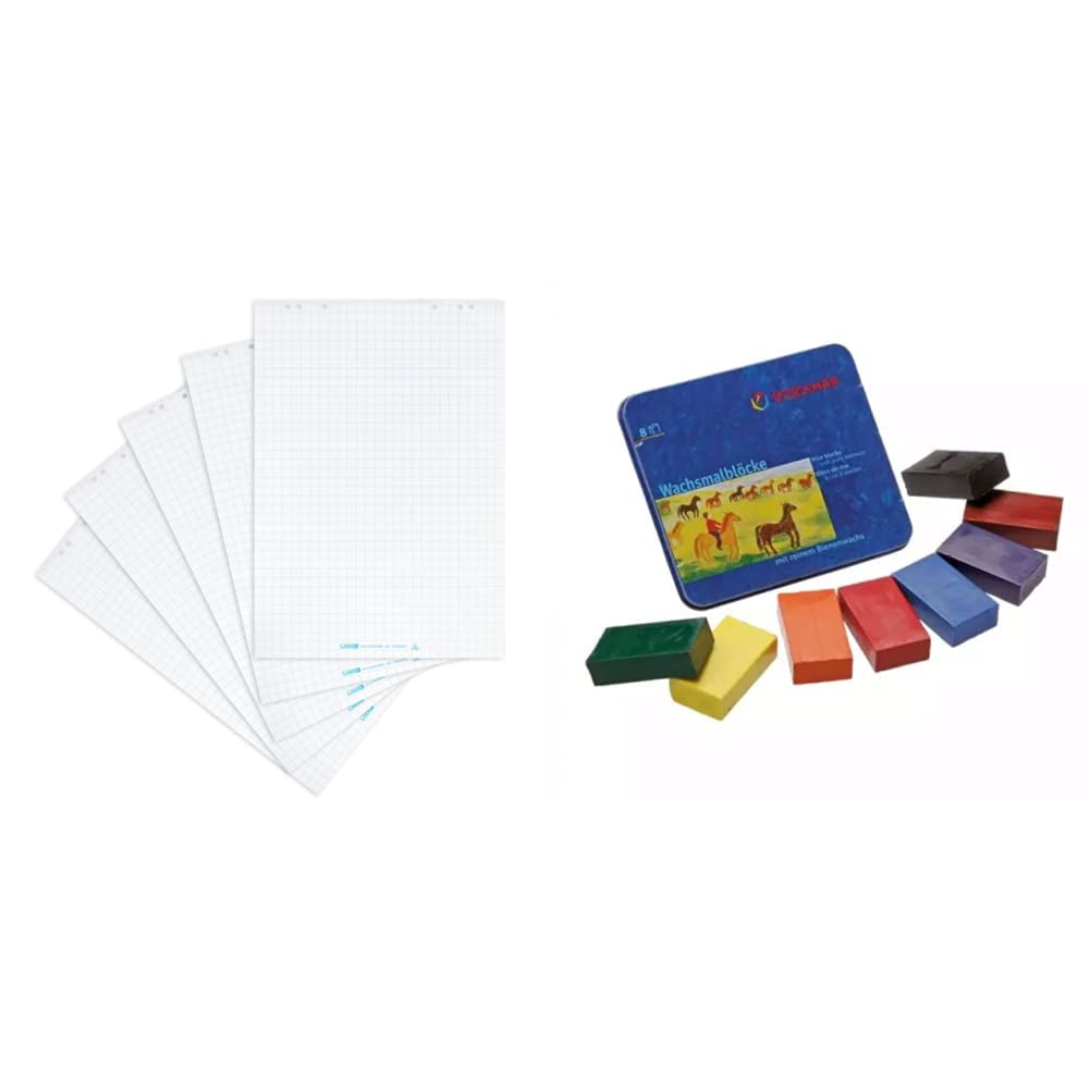 Landre Flipchart Papier, kariert, 20 Blatt je Block, 5er Pack & Stockmar 204884258 34000 Wachsmalblöcke mit reinem Bienenwachs, 8 Wachsmal-Farben in handlicher Blockform