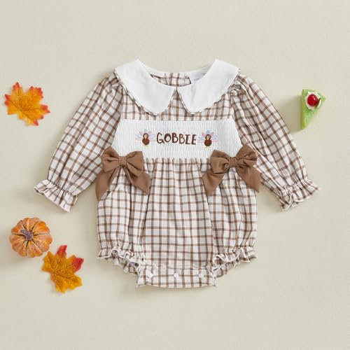 My First Halloween Outfit Baby Girl Pumpkin Bubble Romper Doll Collar Plaid Smocked Bodysuit Newborn Fall Clothes3