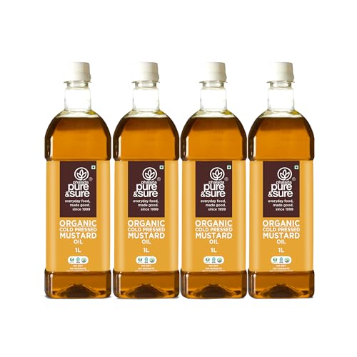 Image of Pure & Sure Organic Cold Pressed Mustard(Kachi Ghani) Oil 4 Litres | Natural Sarso Tel for Cooking, Hair Care & Skin Care|Rich Flavour and Nutrients | (1L X Pack of 4)