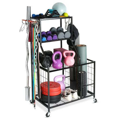 Ahowpd Weight Rack Home Gym Storage, Yoga Mat Storage Rack Workout Equipment Storage Rack For Dumbbells Kettlebell Resistance Band, Exercise Equipment Gym Rack Organizer With Wheel And Levelling Feet #TOP5