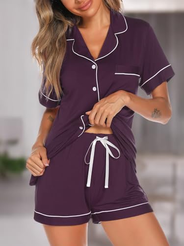 Image of Aamikast Button Up Pajama Set for Women Shorts Short Sleeve Knit Sleepwear 2 Pice Pjs Sets