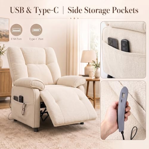 Image of Electric Recliner Chair, 90 to 160 Adjustment with Remote, Beige | Recliner Sofa with USB & Type C Charging, Chenille Upholstery and Side Storage Pocket, Zero Gravity Home Theater Seating