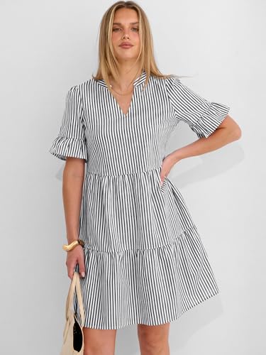 Image of Caracilia Dresses for Women Summer 2026 Striped V Neck Ruffle Sleeve A Line Tiered Flowy Casual Mini Beach Dress with Pockets