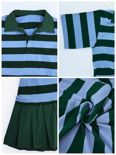Image of Womens Causal Striped Mini Dress 2025 Polo V Neck Short Sleeve Patchwork Pleated A-Line T Shirt Dress Green