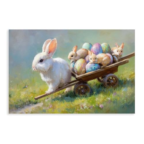 JDBeehpy 1pcs (Unframed,Canvas Only)Easter Rabbit Egg Canvas Wall Painting Rabbit Spring Flower Art Rabbit Pulling Eggs in Wildflowers Easter Home Bedroom Apartment Nursery Wall Decoration 8"L X 12"W
