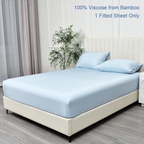 PHF 100% Rayon Derived from Bamboo Fitted Sheet Twin Size, 16" Deep Pocket,2.5cm Wider Strong Elastic Easy Fit, Breathable Silky Soft Skin-Friendly for Hot Sleeper, 39"x 75",Sky Blue, No Pillowcase