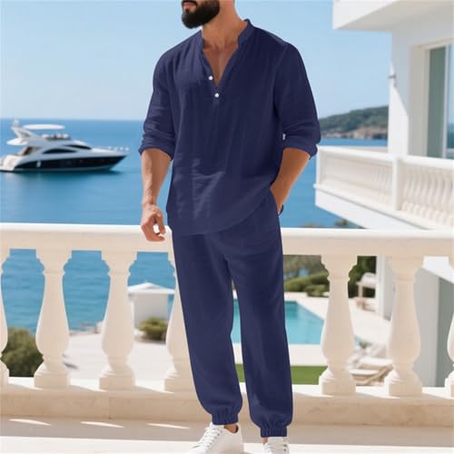 Men's Stylish 2 Piece Linen Shirts Suit Henley V Neck Pants set Retro Soft Casual Wear3