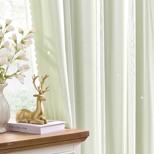 Image of XiDi Star Blackout Sage Green Curtains for Nursery Kid Girls Bedroom Living Room 2 Panels Double Layer Thermal Insulated Star Cut Out Wall Home Decor Grommet Short Window Curtains Kitchen 34x45