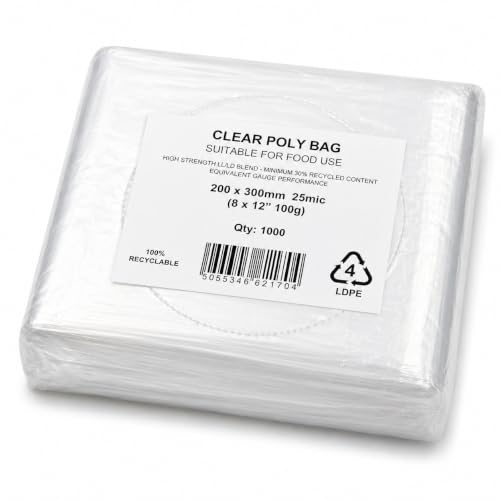 Image of Sabco - Clear Food Grade Polythene Bags 1000 Pack, 25 Micron 100 Gauge Plastic Bags, [8" x 12"]