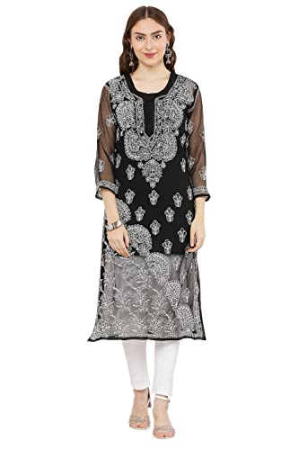 Image of FAWOMENT Women's Designer Straight Georgette Hand Embroidered Lucknowi Chikankari Kurta Designed in Side Jhaar Pattern Alongwith Slip