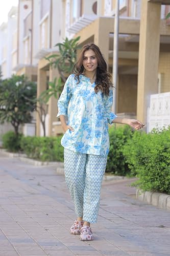 Image of Women's Cotton Night Suit Set, Printed Top and Pyjama, Casual Loungewear Sleepwear for Womens Girls