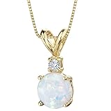 Peora Created White Opal with Genuine Diamond Pendant in 14K Yellow Gold, Elegant Solitaire, Round...