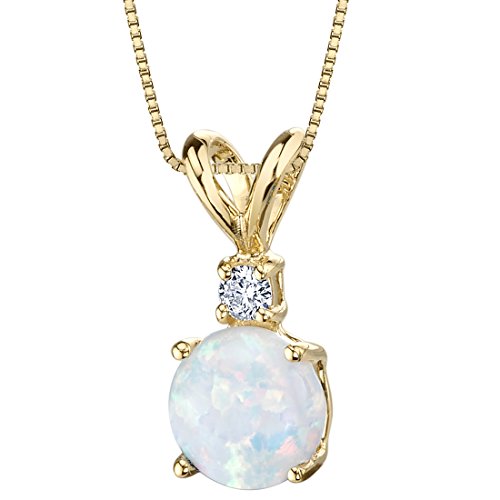 Peora Created White Opal with Genuine Diamond Pendant in 14K Yellow Gold, Elegant Solitaire, Round Shape, 6.50mm