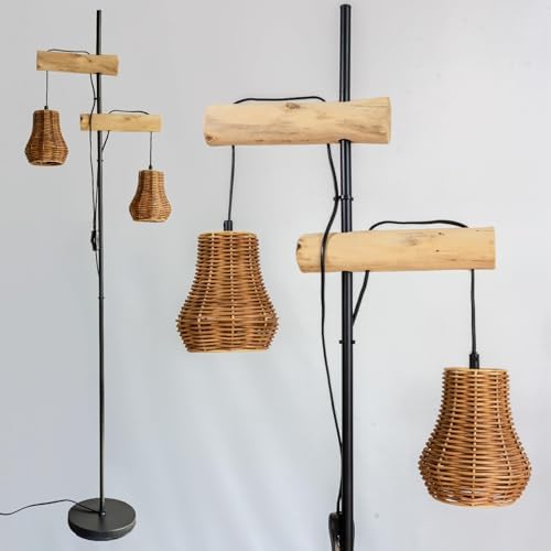 Osasy rattan Stehlampe Vintage, Design Standlampe mit handgeflochtenen Rattan Schirmen, Boho Stil, Wohnzimmerlampe(ohne Glühbirne) Höhe von 169, Sockel: E27