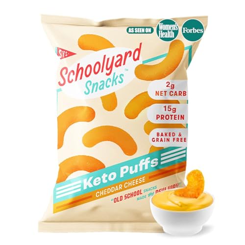 Schoolyard Keto Snacks - Cheddar Cheese - 15g Protein Puffs, Low Carb, Low Sugar - Gluten Free, Healthy & Diabetic Friendly, High Protein, Low Calorie snacks for Kids & Adults, USA Made, 12 Pack