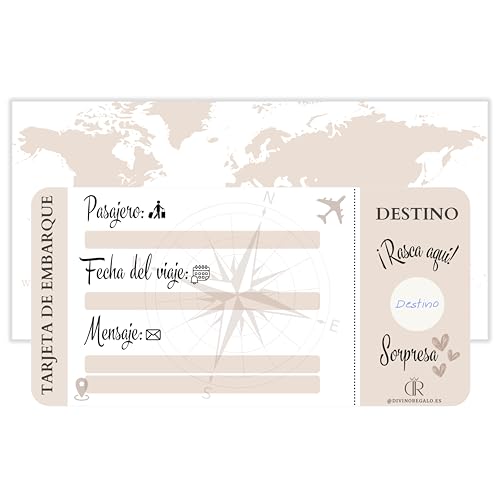 Tarjeta viaje sorpresa | Vale romántico para rellenar | Idea de regalo original para parejas, amigos o familiares | Incluye tarjeta rasca personalizable | Tarjeta de embarque para viajeros