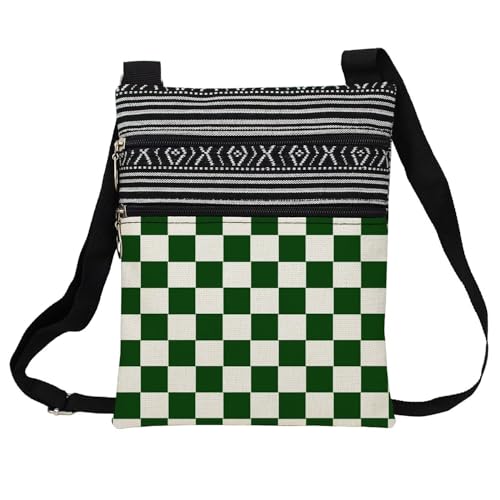 Green Plaid Messenger Bag Small Ethnic Pattern Printed Adjustable Strap Crossbody Zipper Bag Green Plaid Phone Bag Wallet Cute Shoulder Handbag for Women