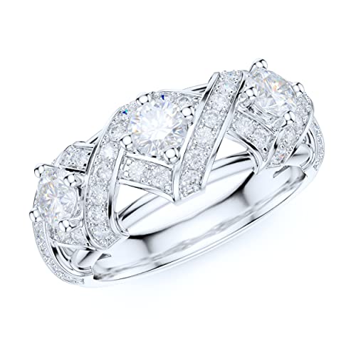 Sterling Silver Luxury Vintage Crisscross Crown 3-Stone Simulated Round Brilliant Cut Diamond or Genuine Moissanite Ring For Women Promise Ring Wedding Band - Main Image