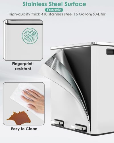 Image of 60L(16 Gal ) Dual Trash Can, Stainless Steel Kitchen Garbage Can, Double Compartment Classified Rubbish Bin, Recycle Dustbin w /Plastic Inner Buckets, Handle, Soft-Close Lid, Airtight (White)