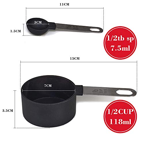 FONYA 8-Piece Black Measuring Tools - Nylon, 4 Measuring Cups / 4 Measuring Spoons with Metal Handles for Liquids and Solids