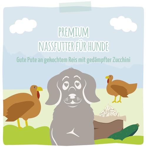 MjAMjAM - Premium Nassfutter für Hunde - gute Pute an gekochtem Reis mit gedämpfter Zucchini, 6er Pack (6 x 800 g), naturbelassen mit extra viel Fleisch