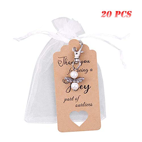Laughhe 60 Pezzi Portachiavi Angelo Custode, Sacchetti Bomboniere Comunione Portachiavi Angelo Custode con Sacchetto di Organza Etichetta in Carta Kraft per Bomboniere Battesimo Comunione
