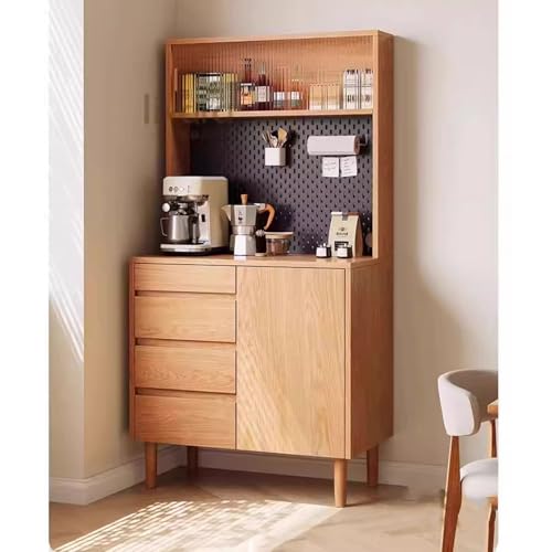 Aparador con Textura de Madera Maciza con gabinete de Almacenamiento de Esquina de café de Tablero Perforado, Unidad integrada de gabinete Cerrado con múltiples cajones(Natural Wood,L-120CM)