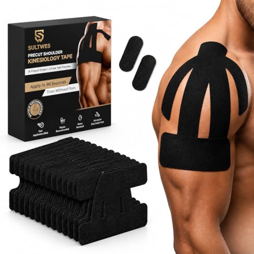 Kinesiology Tape for Shoulder | 15 Precut Strips + 2 Free Test Patches for Pain Relief, Muscle Support & Rotator Cuff | Waterproof, Sweatproof, Breathable, Long Lasting Grip