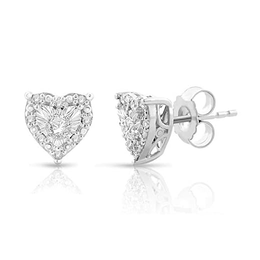 NATALIA DRAKE 1/4 Cttw Diamond Heart Shape Halo Stud Earrings for Women in Rhodium Plated Sterling Silver (Color I-J/Clarity I2-I3)
