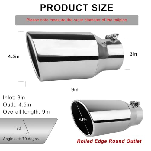 Image of 3 inchInlet Exhaust Tip,4.5 inch Outlet 9 inch Long Stainless Steel Bolt-On
