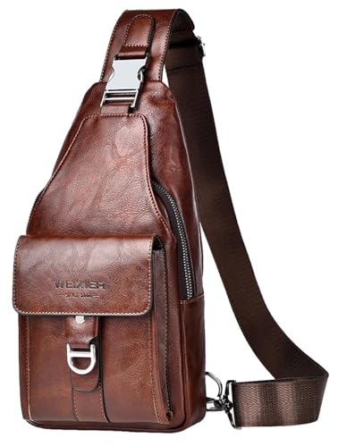 Hjkiopc Bandouliere Sac de Poitrine Homme Sacoche business Loisir Dos PU Cuir Pochette Epaule Dos de Voyage pour Homme Femme (Brun Foncé-1)