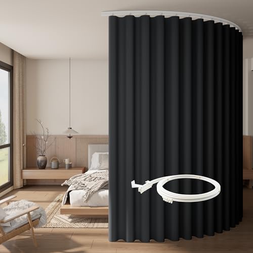 Image of RYB HOME Black Room Divider Curtains with Flexible Silent Ceiling Track Wall Mount Sliding Door Drapes, Blackout Extra Wide Floor to Ceiling Curtain with Hooks for Living Room, W180 x L96, 1 Panel