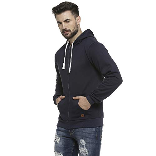 Image of CAHOOT Men's Dark Blue Zip-Front Hoodie with Contrast Drawstring for Casual Wear | Long Sleeve | Hooded Neck | Zipper Closure | Cotton Sweatshirt Crafted with Comfort Fit for Everyday Wear